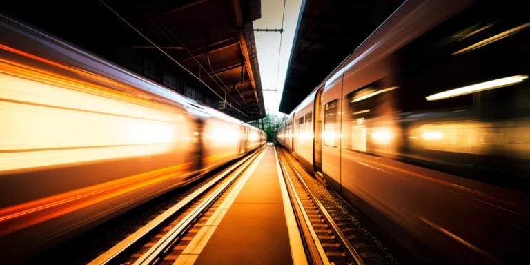 deux train qui se croisent à grande vitesse avec une lumière de soleil couchant