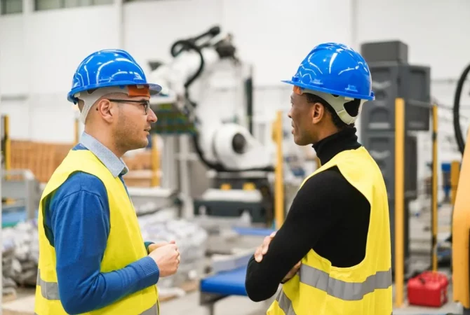 deux ingénieurs discutant dans une usine de production